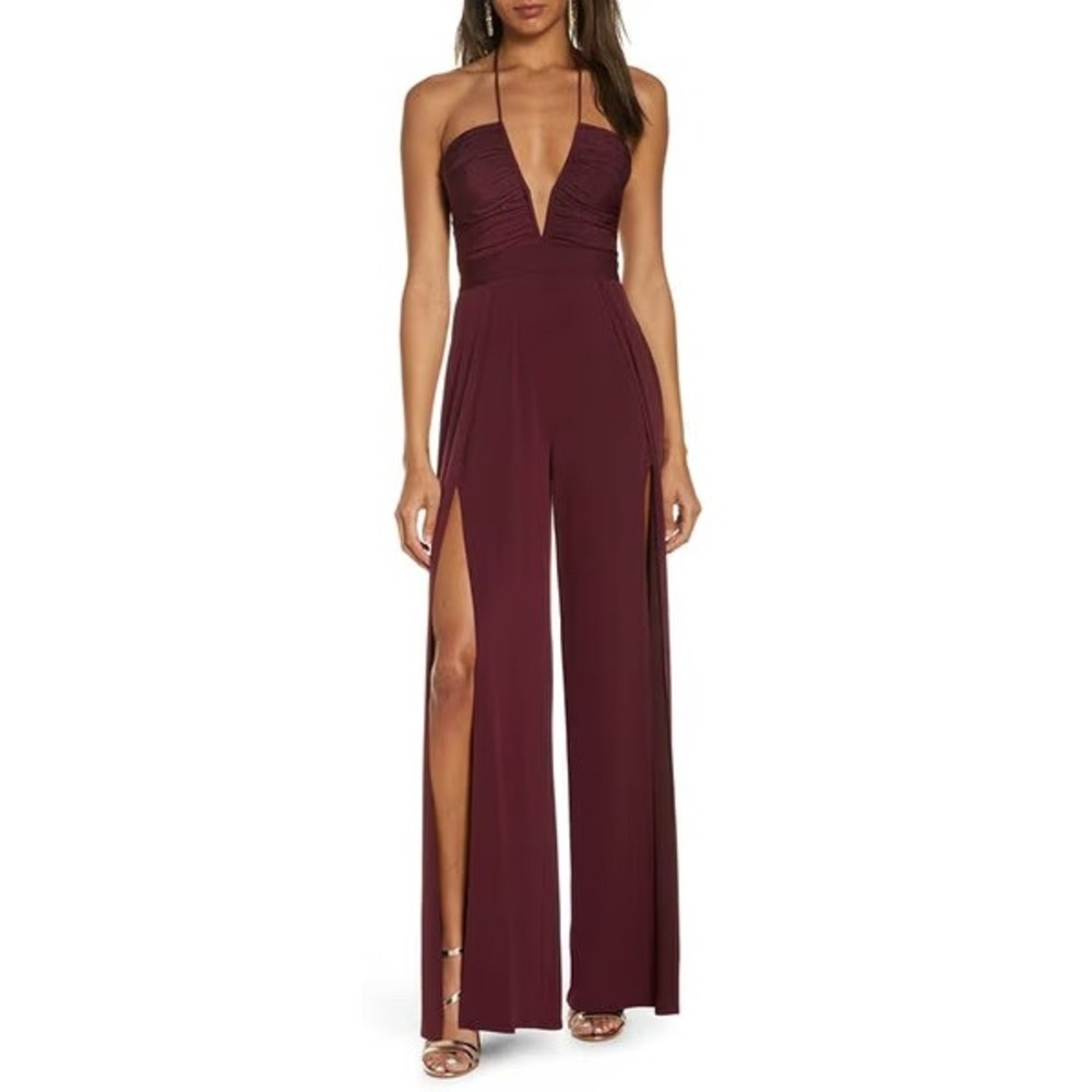 Katie May Never Cross Jumpsuit Sangria Purple Halter Wide‎ Split Leg Womens Sz L